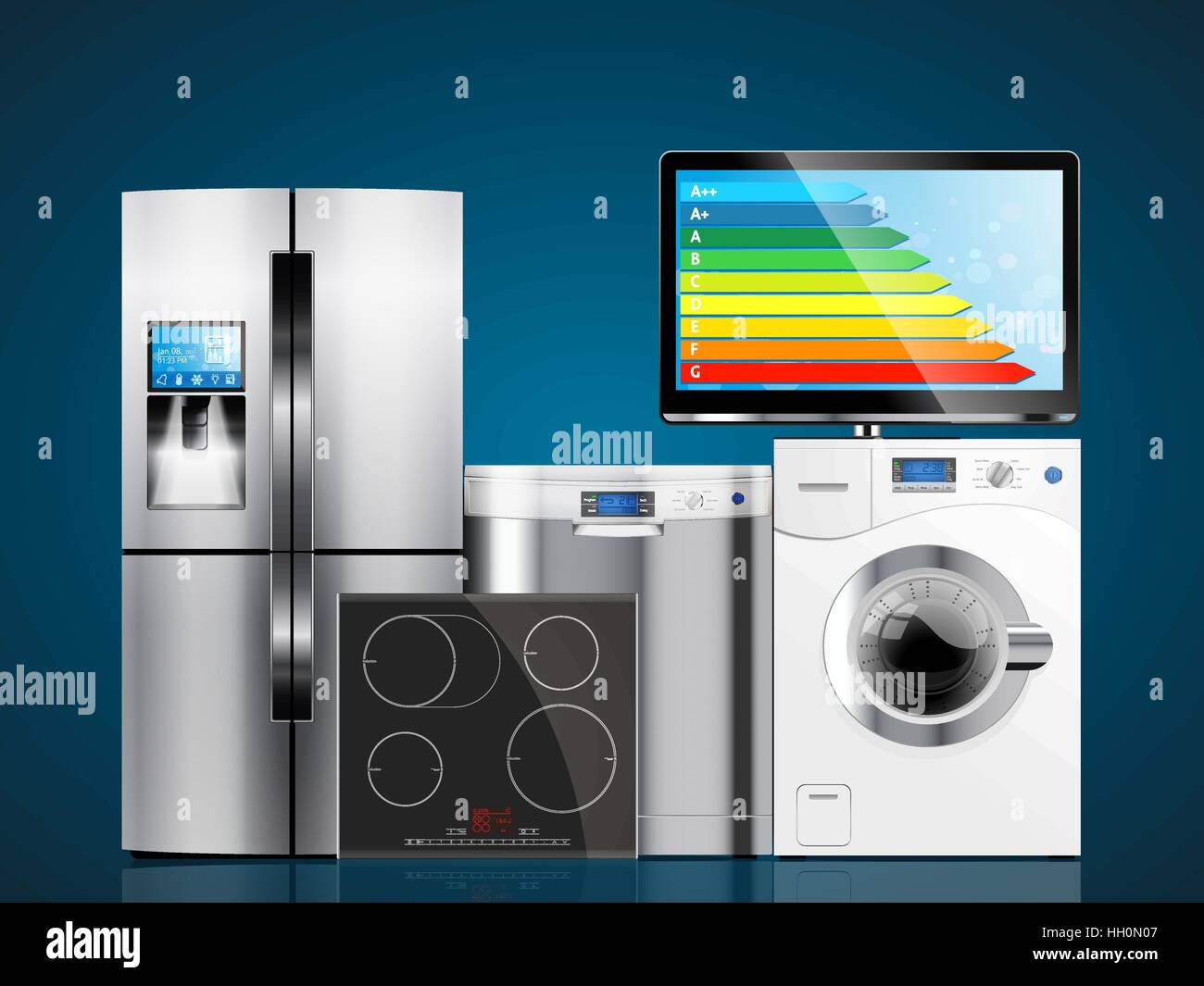 Kitchen and house appliances: microwave, refrigerator, gas stove, dishwasher, range cooker hood, Stock Vector