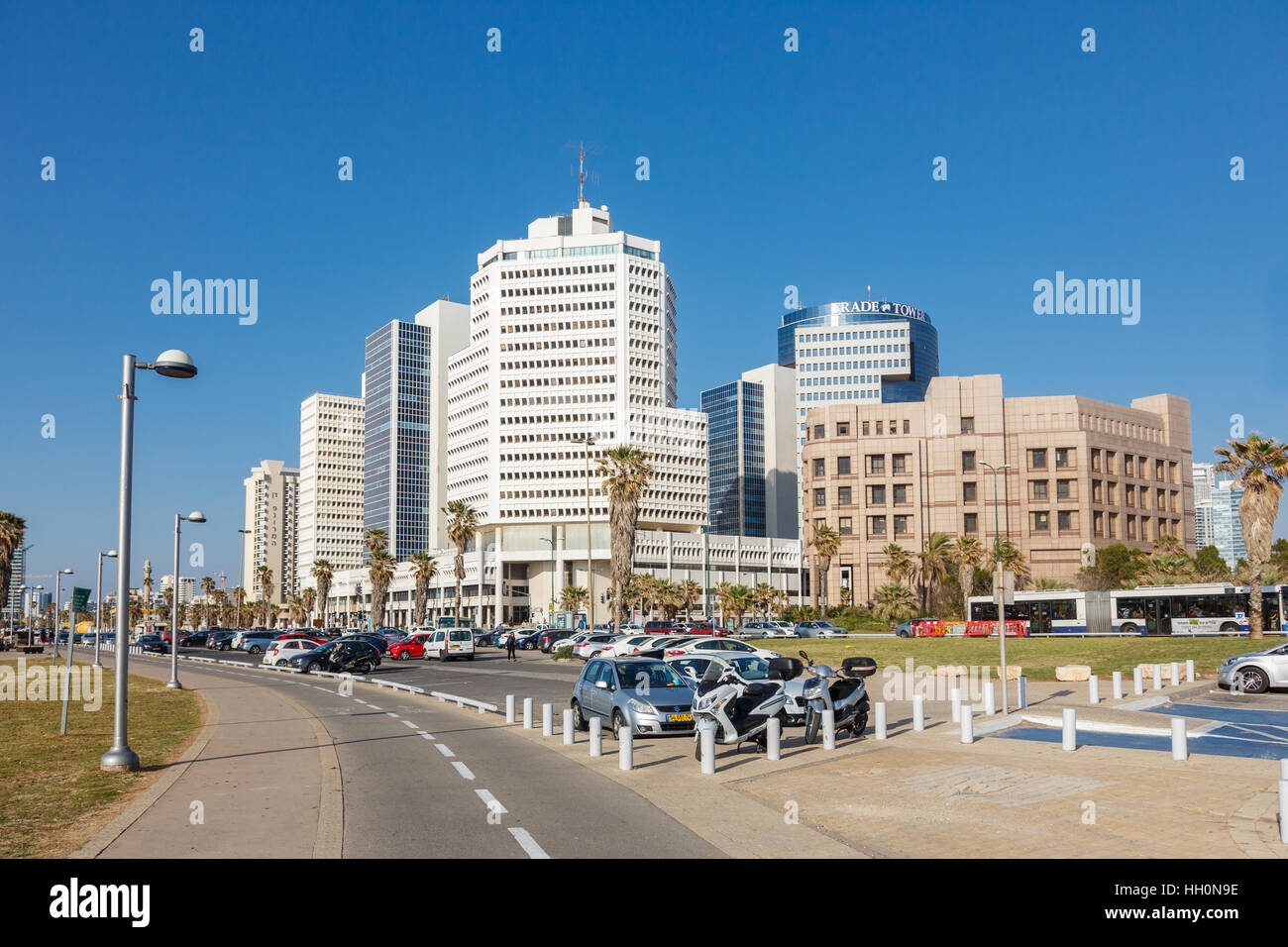 TEL AVIV,ISRAEL - April 4, 2016 : View from the Tel Aviv quay on the Textile and Fashion Center, Trade Tower,  in TelAviv, Israel on on April 4, 2016 Stock Photo
