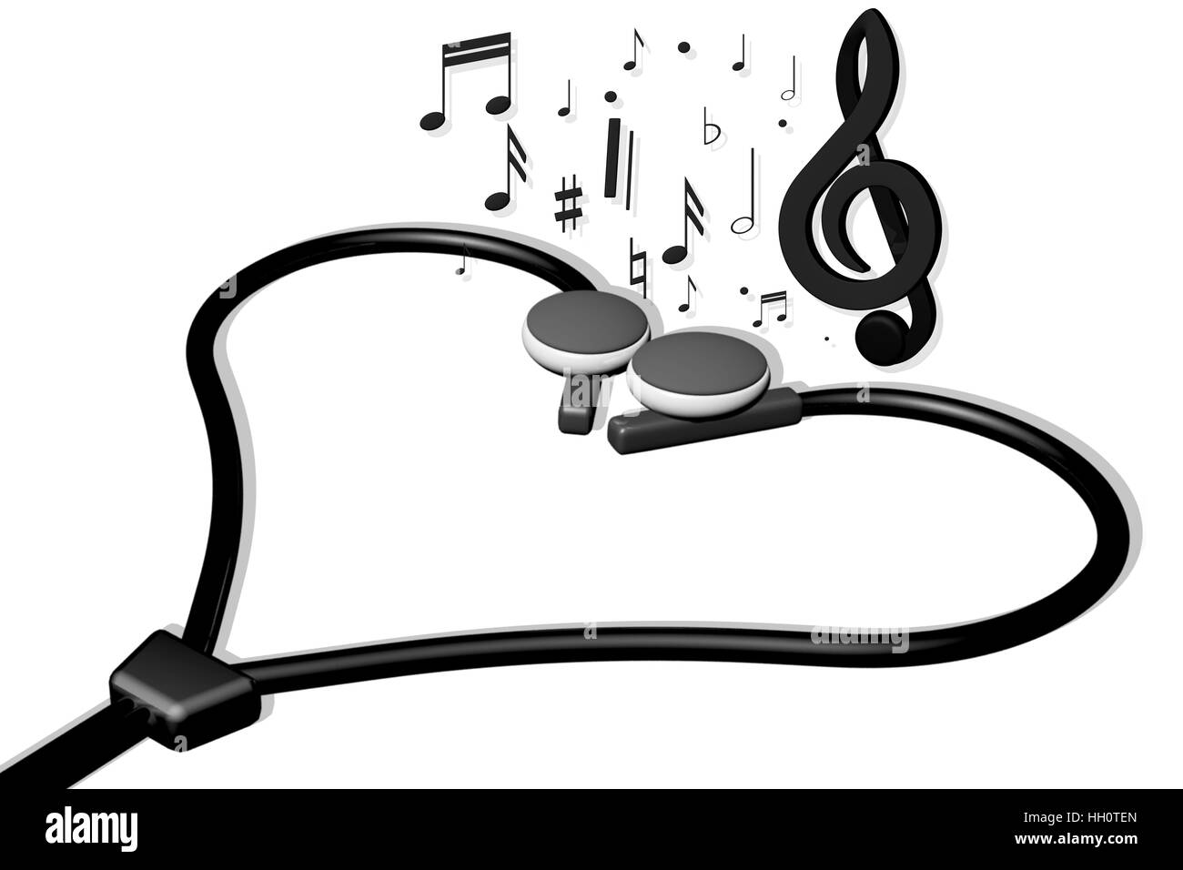 illustration of heart shaped headphones and music notes coming out of their speakers with isolated white background Stock Photo