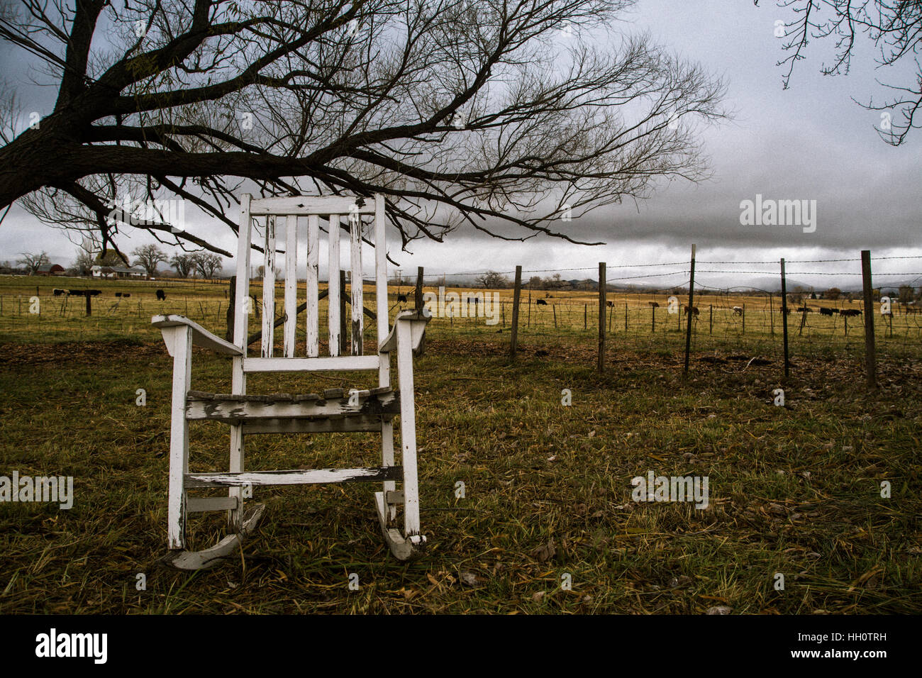 An old weathered rocking chair sitting outdoors alone near a farm ...