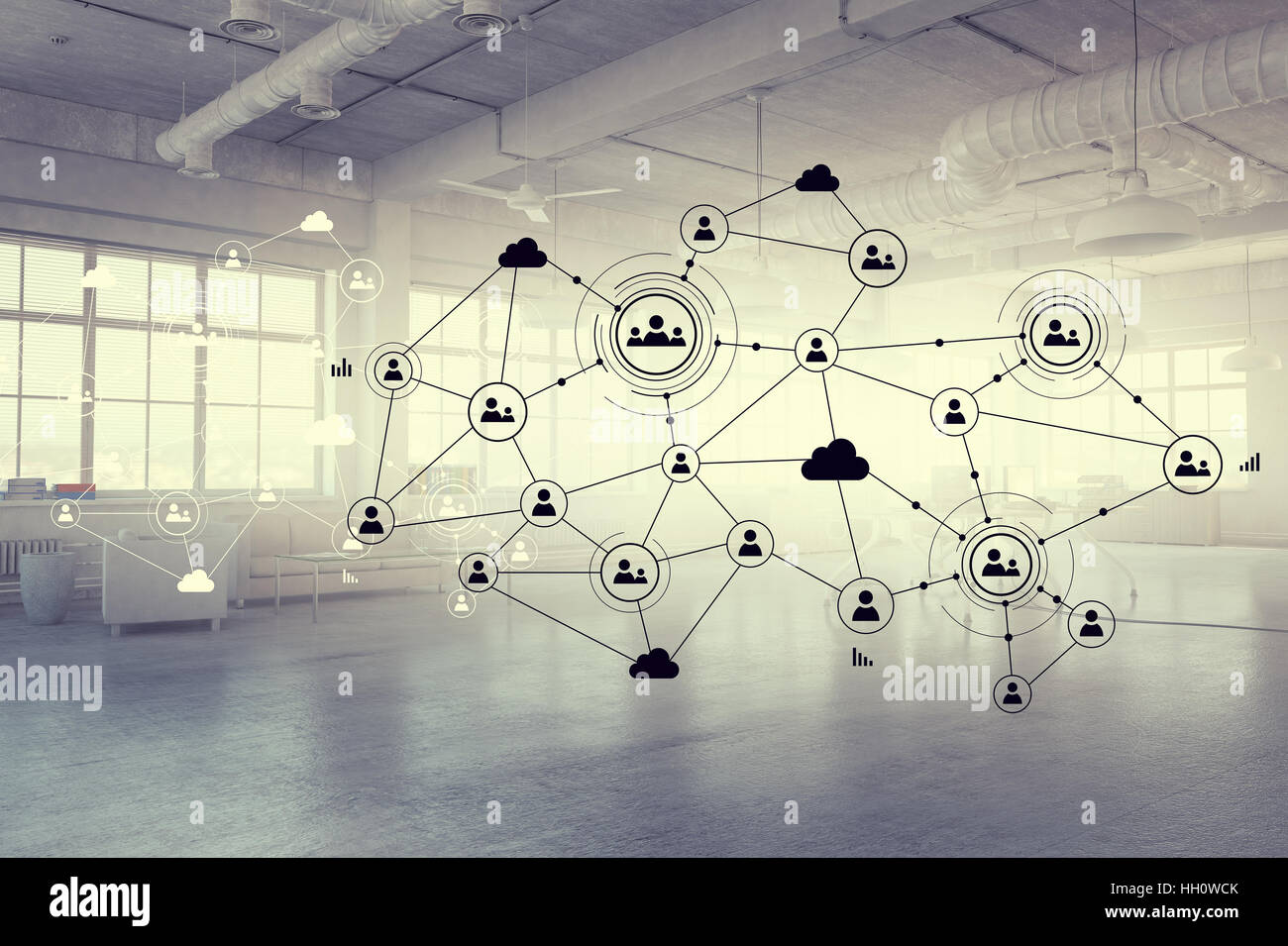 Office interior and social connection lines as networking concept ...