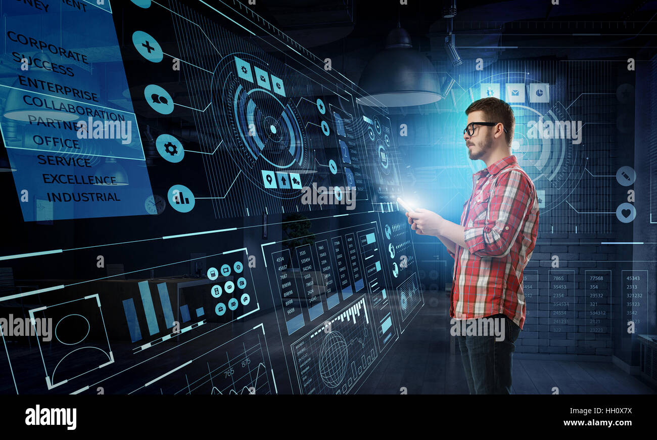 Honeguy Using Internet Hipster guy against media technologies background using smartphone ...