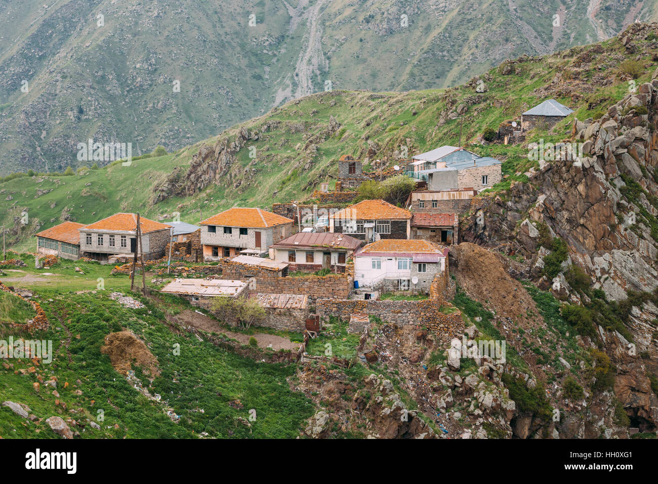 Village Tsdo In Truso Gorge, Kazbegi District, Mtskheta-Mtianeti Region, Georgia. Spring Or Summer Season Stock Photo