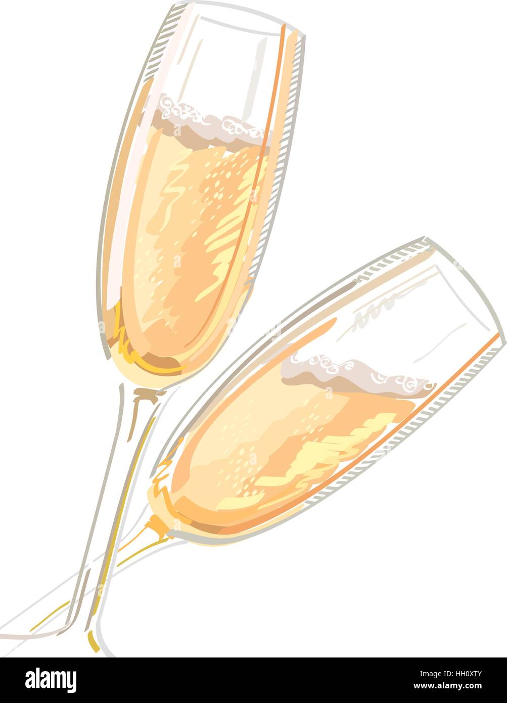 Two glasses with champagne, isolated on a white background, vector illustration. Stock Vector