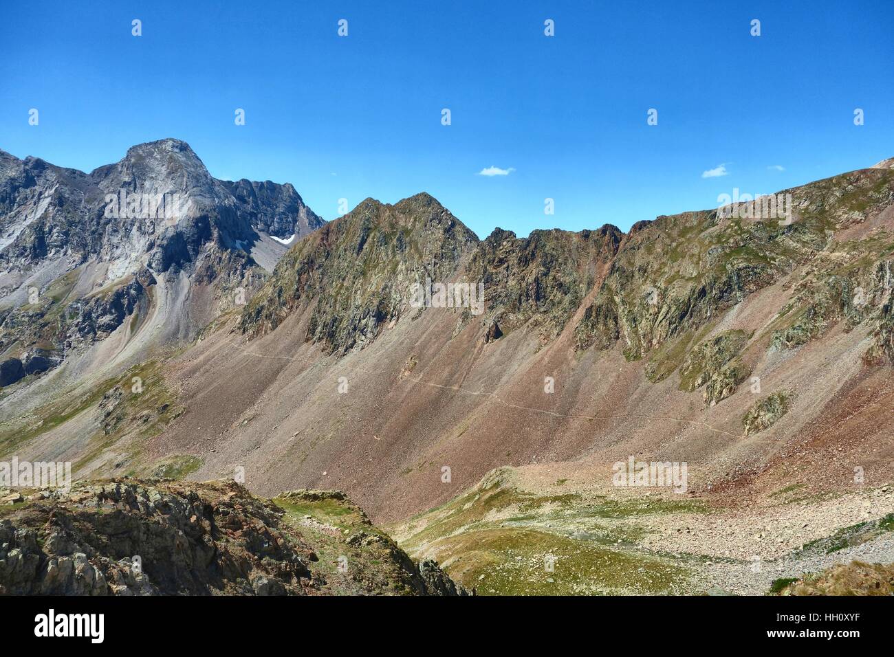 Mountain view: a footpath traverses the scree along the side of the Rio Ara valley in the Spanish Pyrenees. Stock Photo