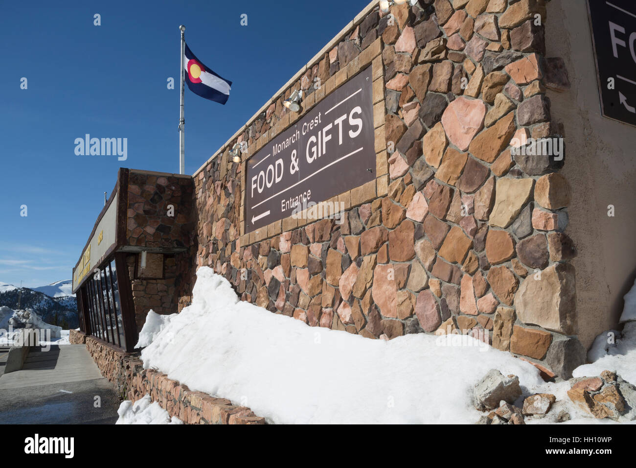 The gift store at the top of Monarch Pass in Colorado during the early spring with snow still hanging on. Stock Photo