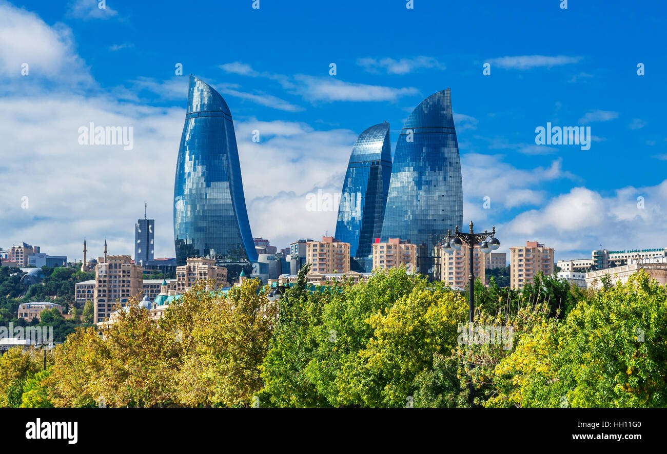 Baku, Azerbaijan - October 2, 2016: Flame towers in the cityscape. Panoramic view of Baku - the capital of Azerbaijan located by the Caspian See shore Stock Photo