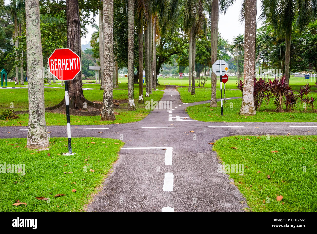 View on road in driving school with road signs and road marking Stock ...