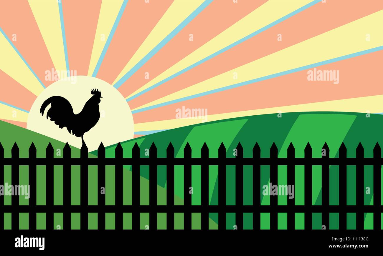 illustration of sunrise with rooster on fence Stock Vector Image & Art ...