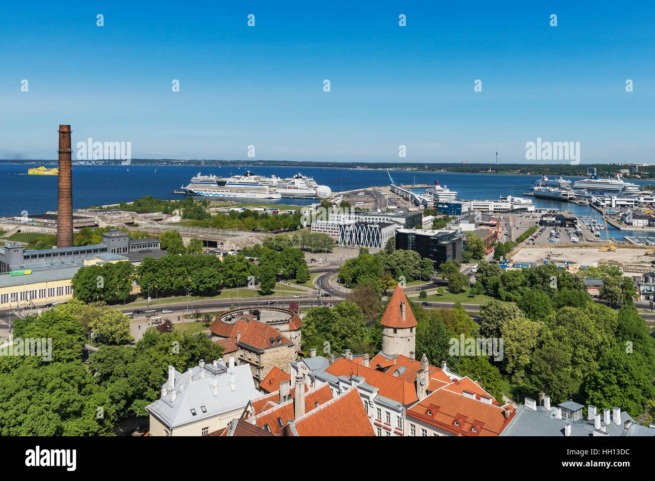 View over the old town of Tallinn to the Baltic Sea and the port of Tallinn, Estonia, Baltic States, Europe Stock Photo