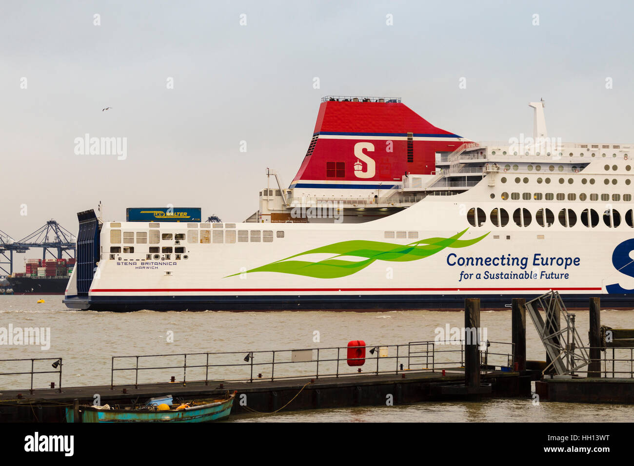 Stern and Funnel of Stena Line Rollon Rolloff Ferry Leaving Port of