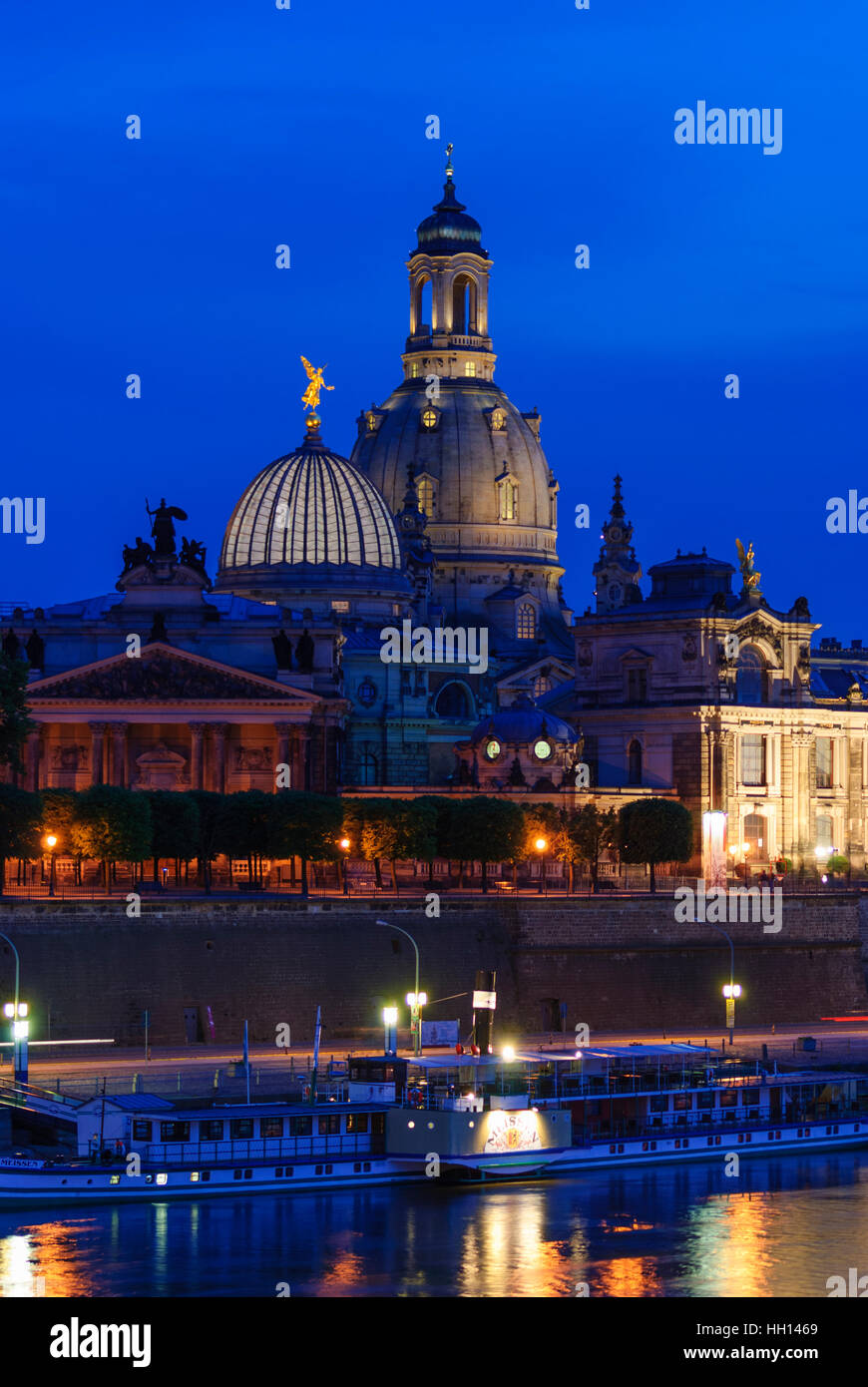 Dresden: Frauenkirche (Church of Our Lady) and 'lemon squeezer' of the Saxon academy of arts on the Elbe, , Sachsen, Saxony, Germany Stock Photo