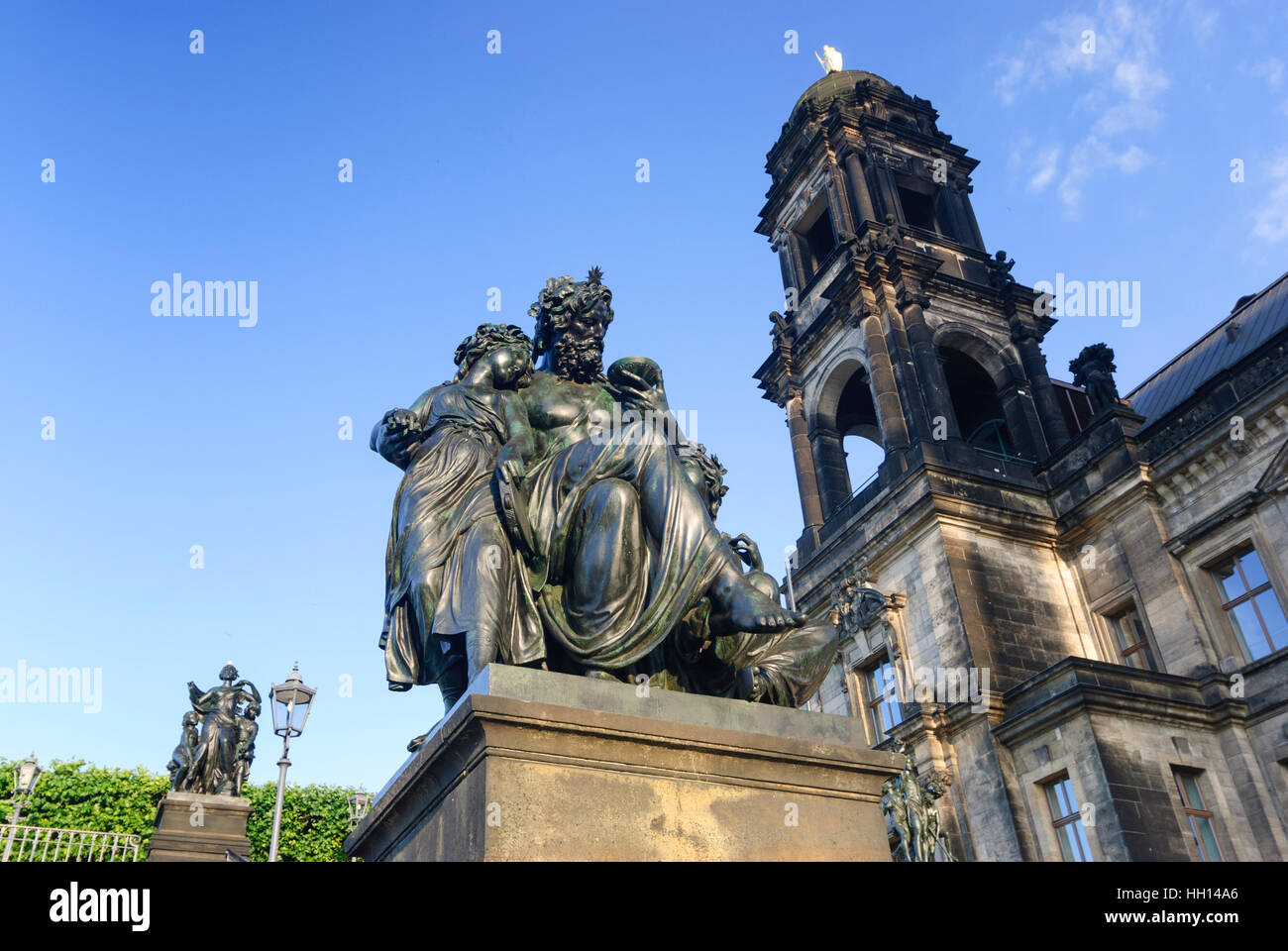 Dresden: Steps to the Brühlsche terrace with the statue 'The evening' of the statue group „Four time of day“ and the state house (on the right), , Sac Stock Photo