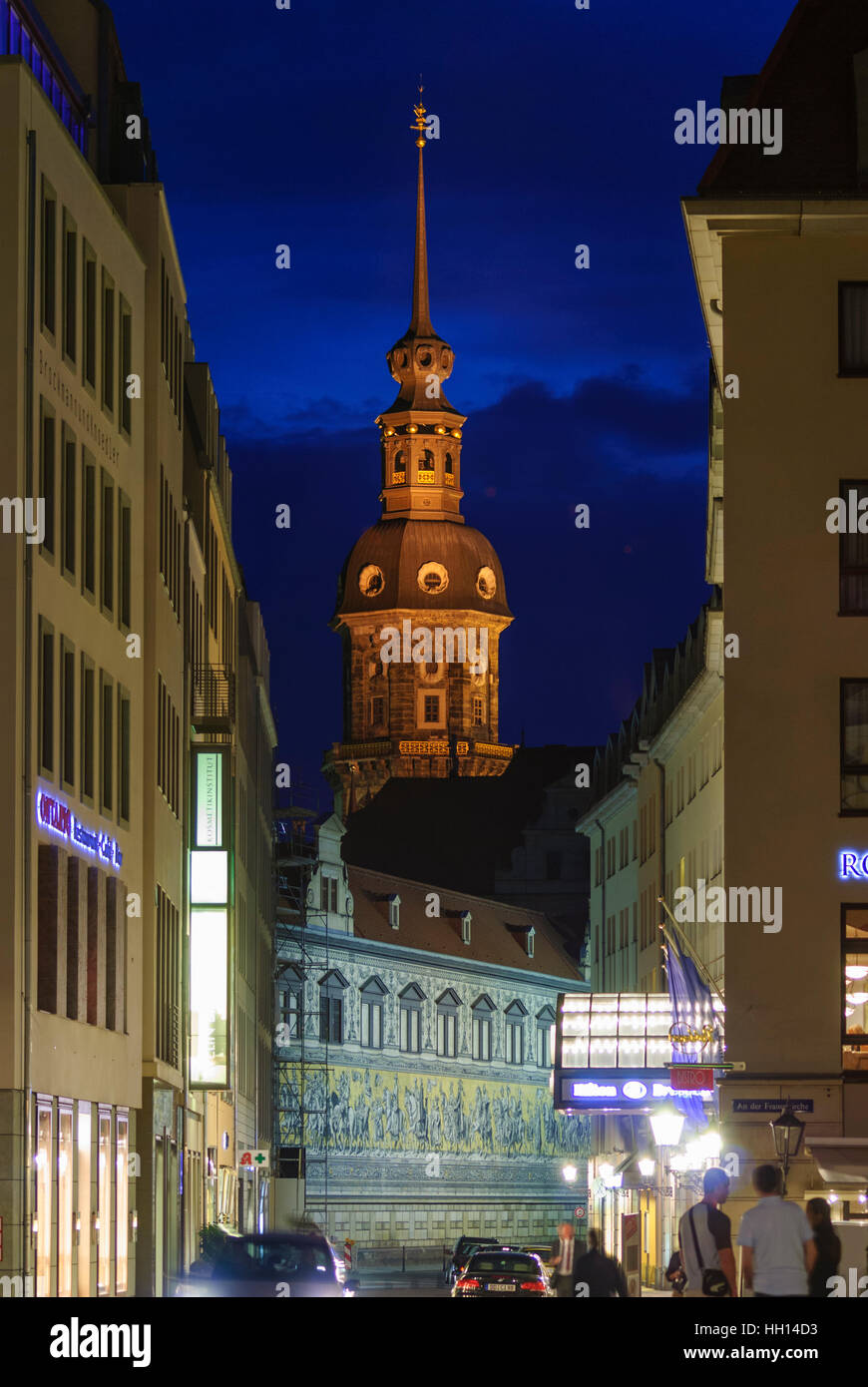 Dresden: tower of the castle and Fürstenzug, , Sachsen, Saxony, Germany Stock Photo