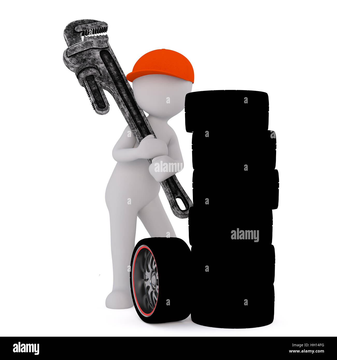 3D figure of faceless man mechanic in red cap with giant wrench and pile of tyres, isolated on white Stock Photo