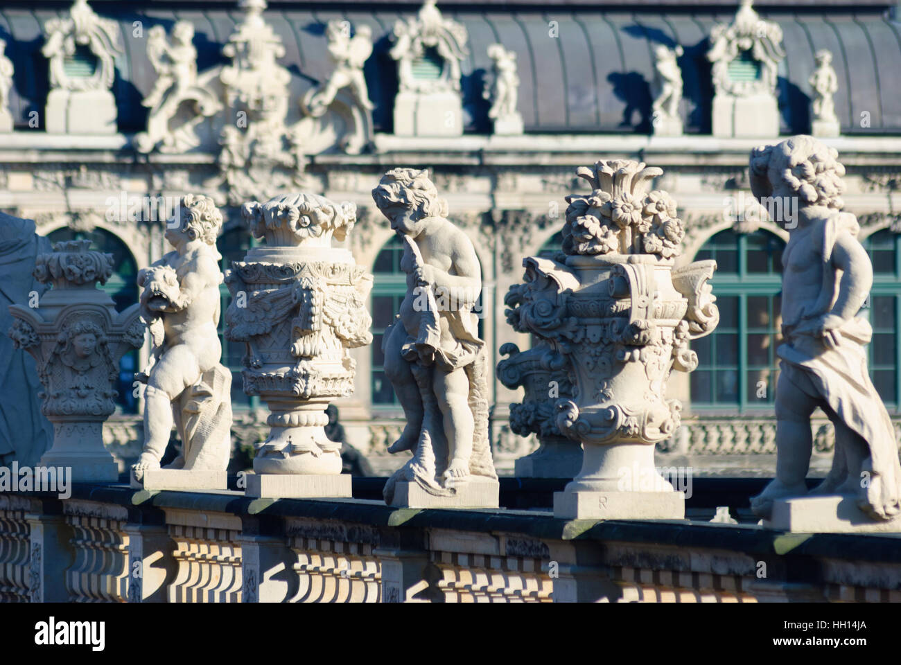 Dresden: Zwinger; Ornamental vases and cherubs on the southeast curve gallery, , Sachsen, Saxony, Germany Stock Photo
