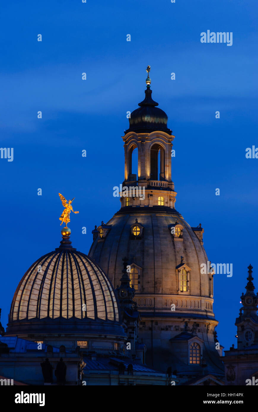 Dresden: Frauenkirche (Church of Our Lady) and 'lemon squeezer' of the Saxon academy of arts, , Sachsen, Saxony, Germany Stock Photo