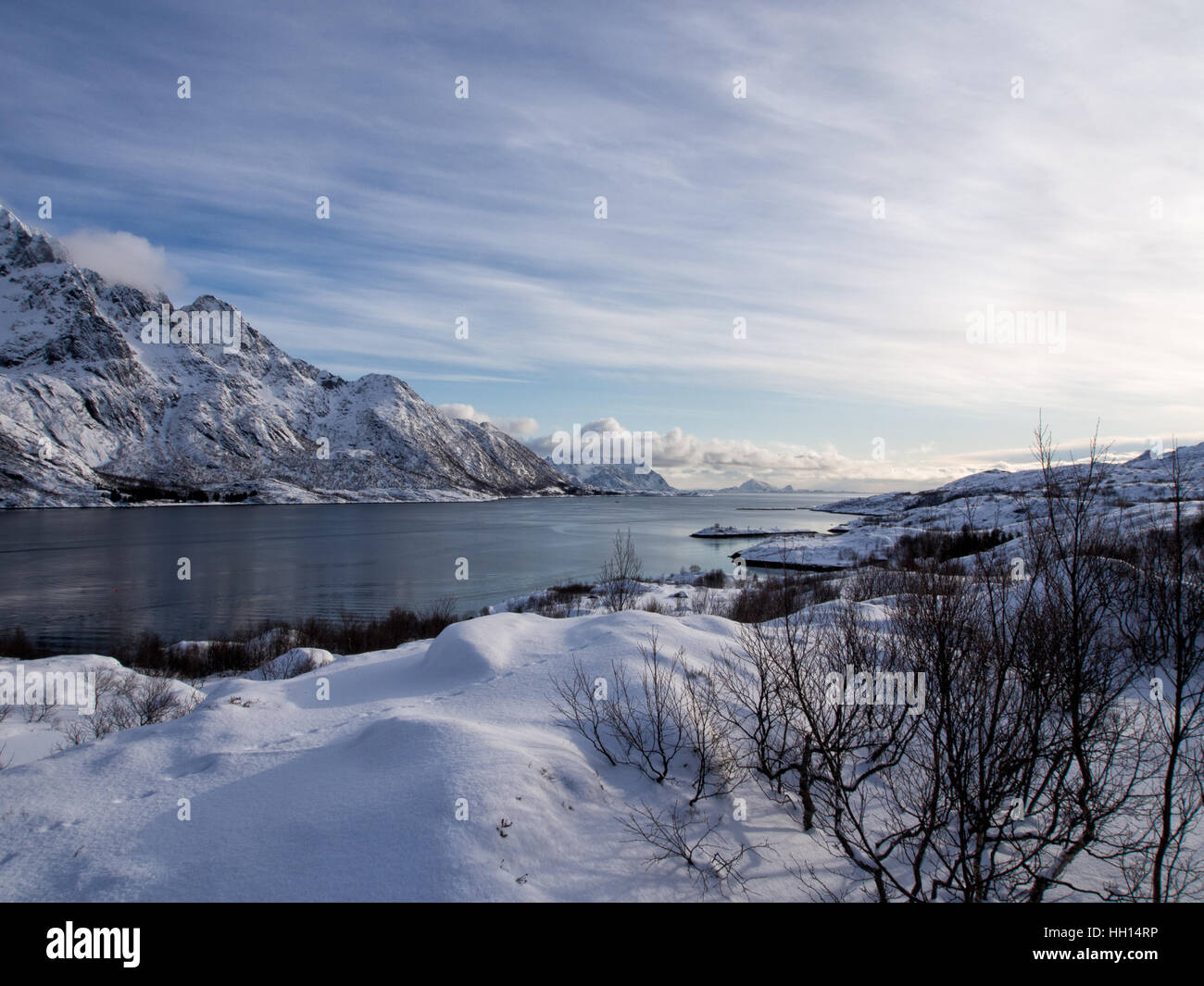 Sea and mountains near Svolvaer on Lofoten, Norway in winter Stock Photo
