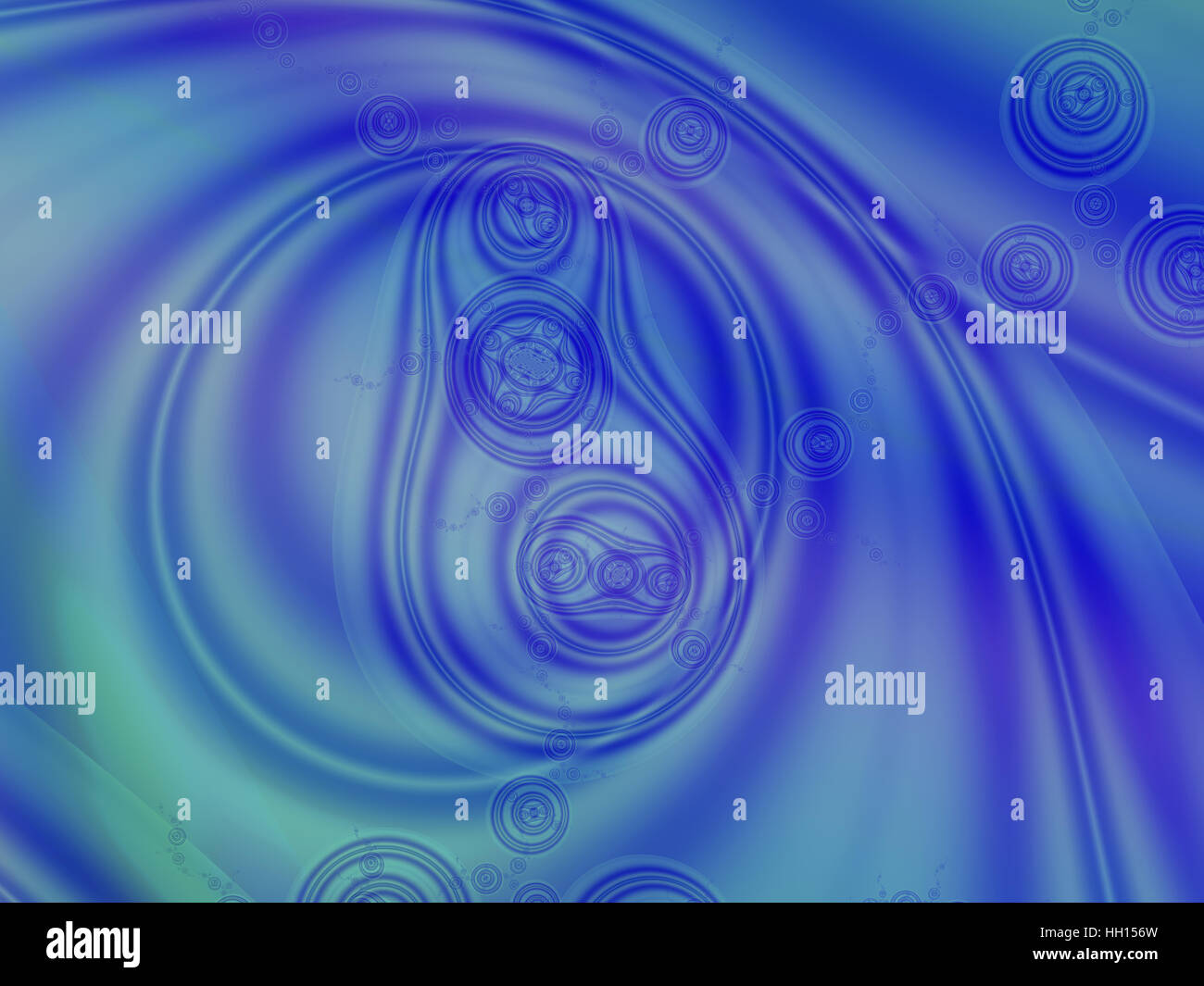 Beautiful blue fractal abstract image with swirls and circles resembling cells splitting, dividing and floating in liquid Stock Photo