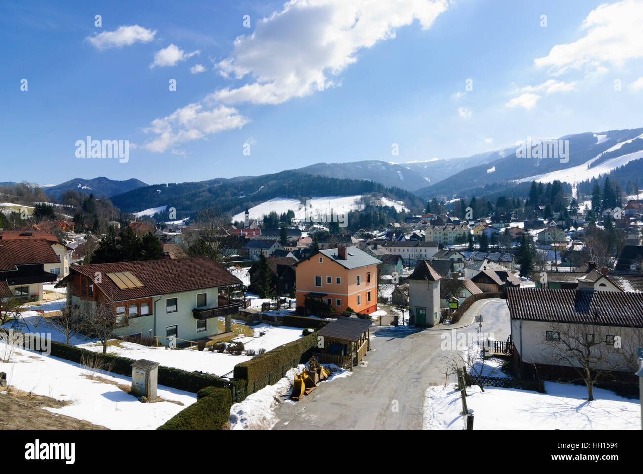 Spital am Semmering: Local centre with mountain Stuhleck in the background, Obere Steiermark, Steiermark, Styria, Austria Stock Photo