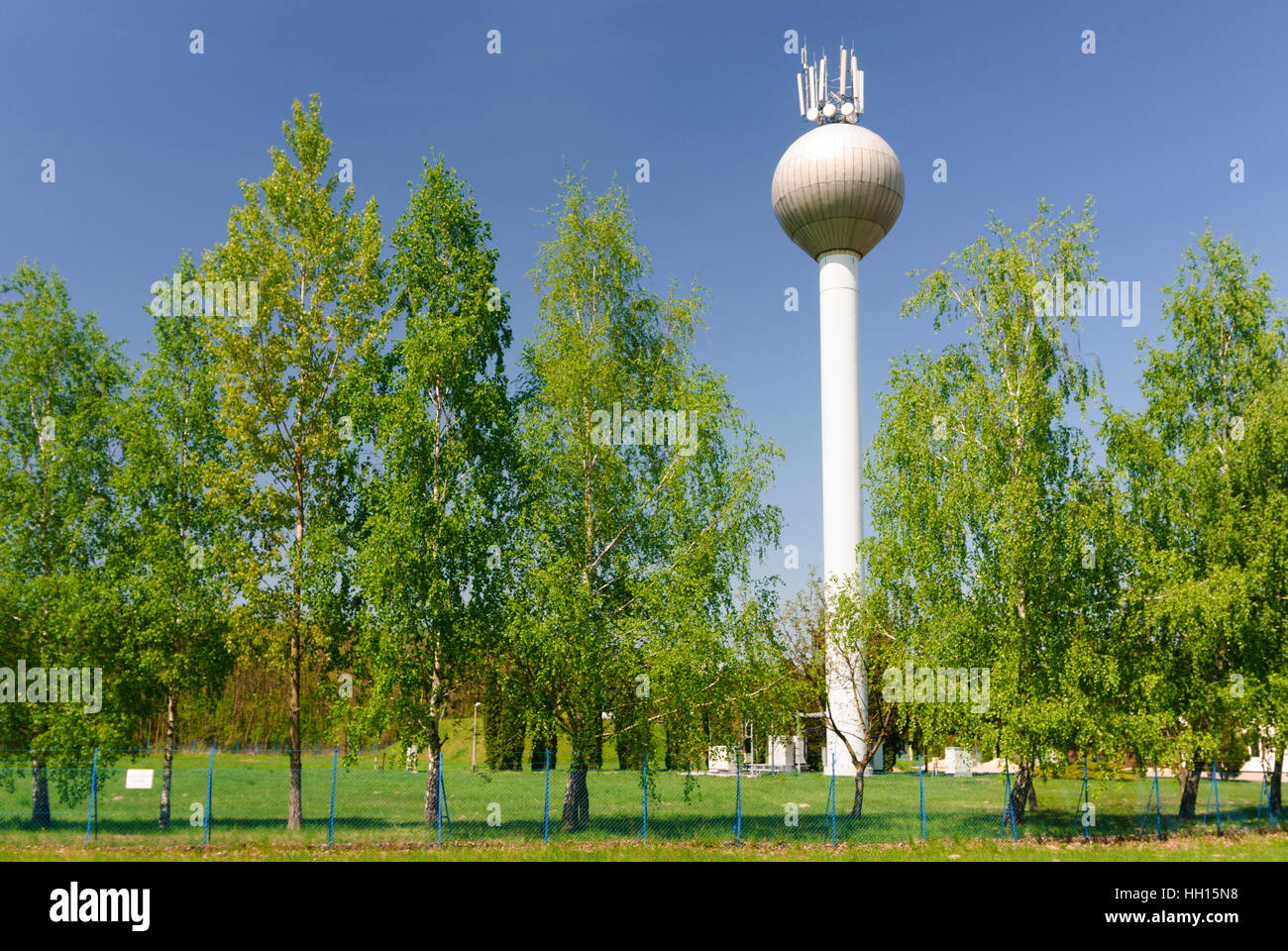 Dunakiliti: Water tower with mobile radio transmitter, , Györ-Moson-Sopron, Hungary Stock Photo