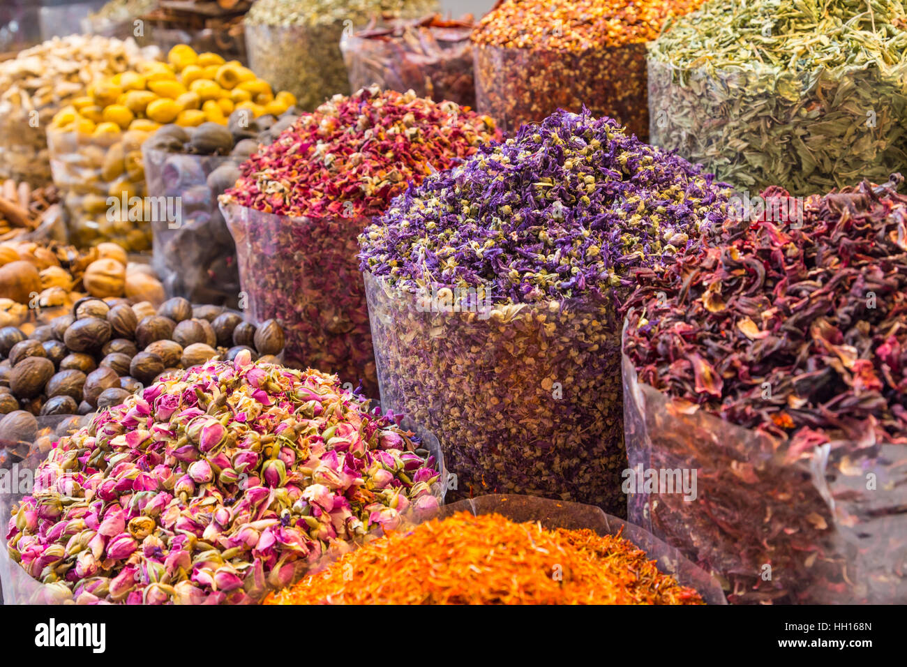 Spices and herbs being sold on Morocco traditional market. Stock Photo