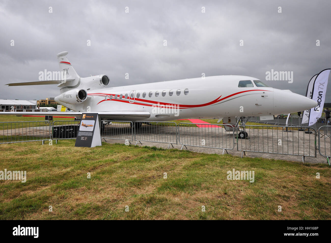 Dassault Falcon 7X is a large-cabin long-range trijet manufactured by Dassault Aviation, the flagship of its biz jet range Stock Photo