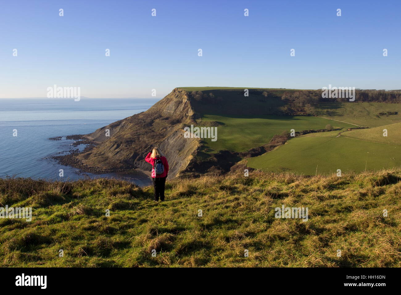 Walker on the Coastal Path Houns-tout cliff in distance Worth Matravers Dorset Stock Photo