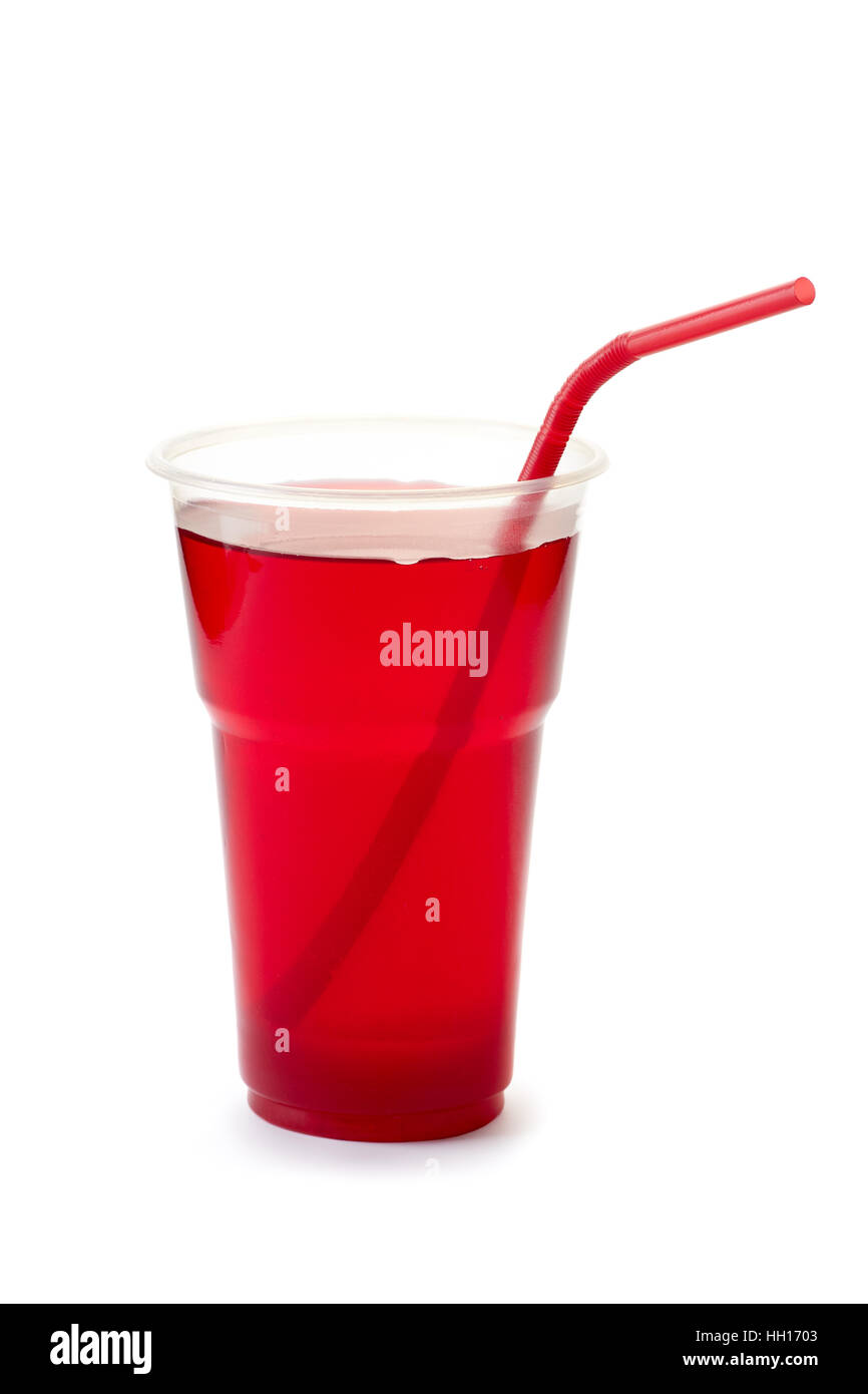 Red drink with straw in plastic cup on white Stock Photo