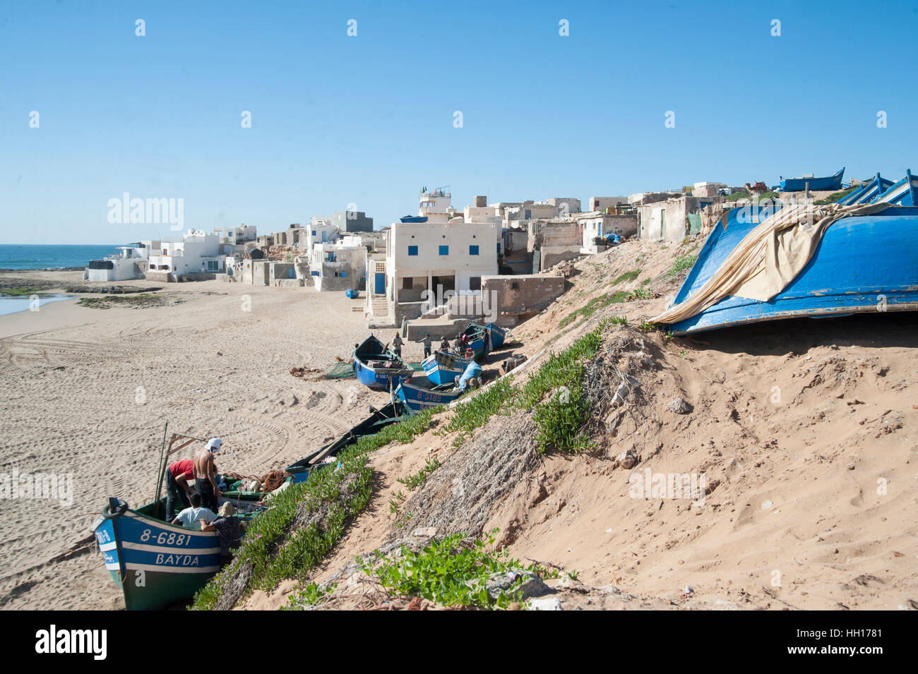 View of fishermen 's boats and and the village. Sidi Ifni. South of Agadir. Morocco Stock Photo