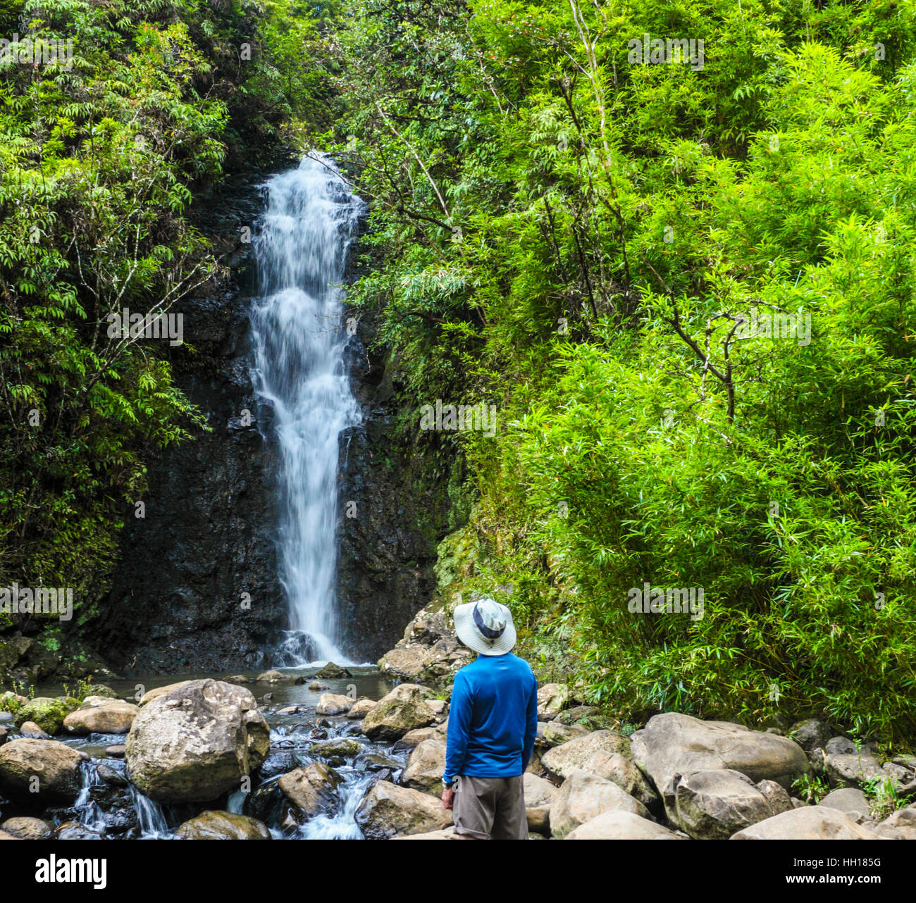 Visitor admires waterfall on Maui, reached by hiking Bamboo Forest Trail starting at about 6.5