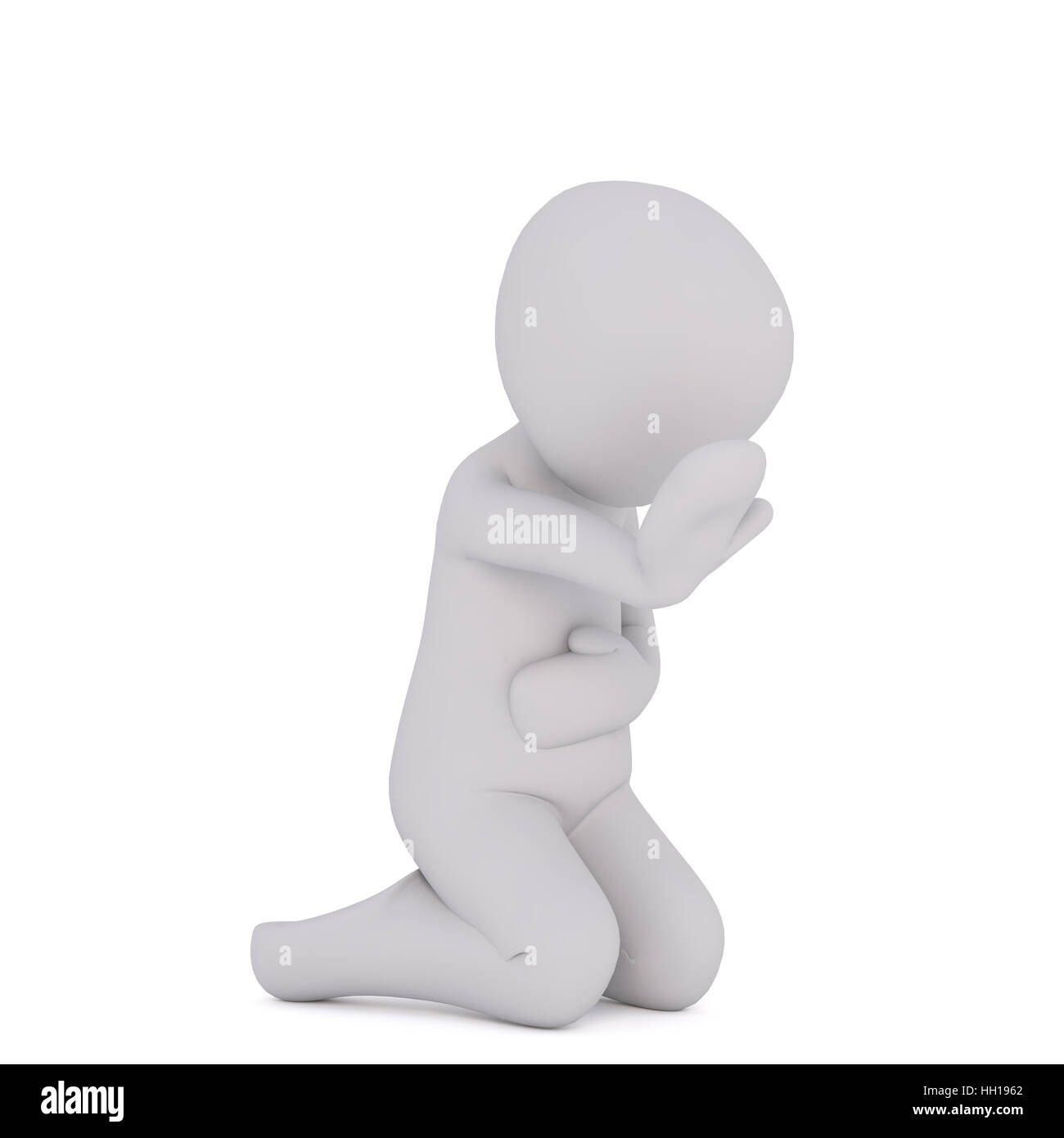 Faceless cartoon figure man down on knees holding stomach and showing stop gesture, 3D render isolated on white Stock Photo