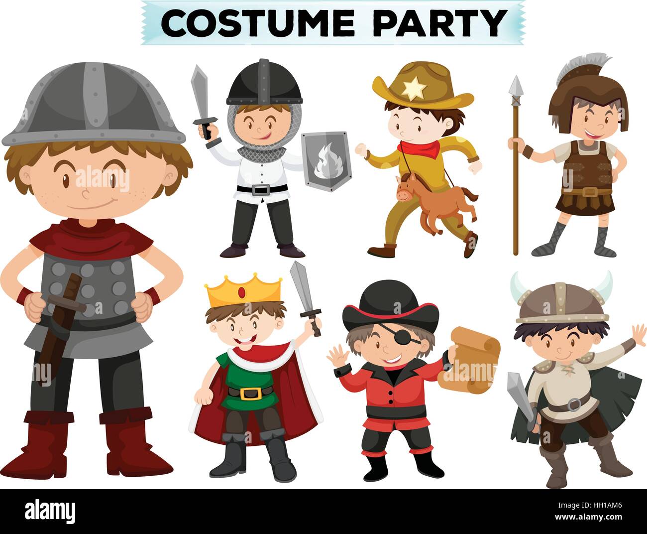 Costume party with boys in different costumes illustration Stock Vector