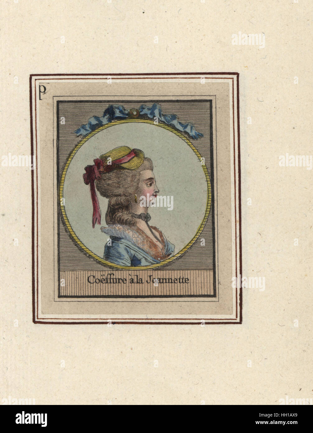 Woman in straw hat tied with a ribbon called the Jeannette. Coeffeur a la Jeannette. Handcoloured copperplate engraving by an unknown artist from an Album of Fashionable Hairstyles of 1783, Suite des Coeffures a la Mode en 1783, Esnauts et Rapilly, Paris, 1783. Stock Photo