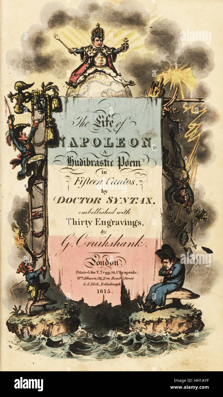 Title page with calligraphy and vignettes. Handcoloured copperplate engraving by George Cruikshank from The Life of Napoleon a Hudibrastic Poem by Doctor Syntax, T. Tegg, London, 1815. Stock Photo
