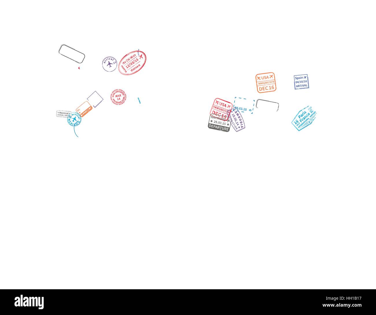 Immigration stamps arranged in car, plane, ship and train shape isolated on white Stock Vector