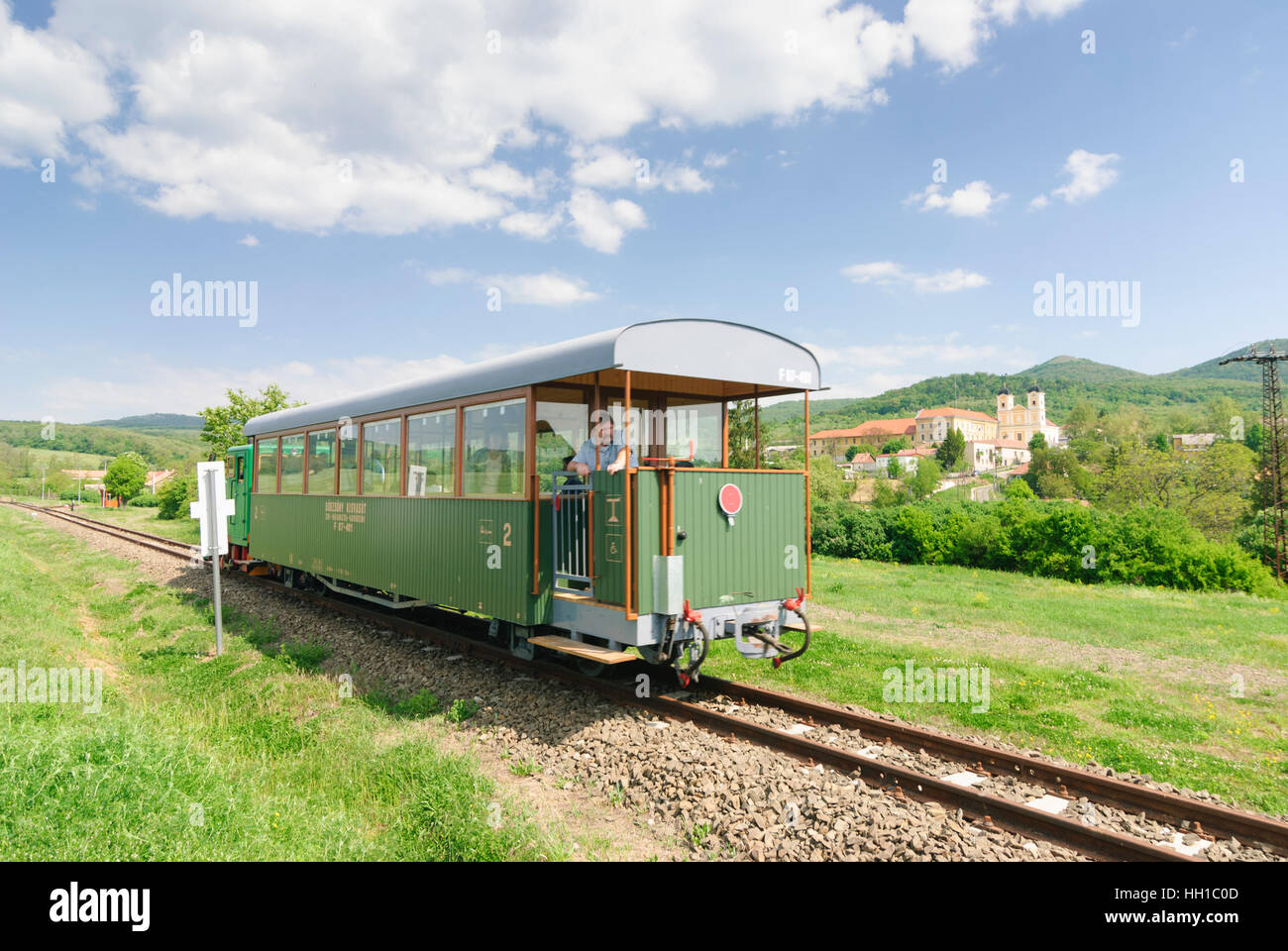 Marianosztra: narrow gauge museum railway before the pilgrimage church in the Börzsöny mountains, , Komarom-Esztergom, Hungary Stock Photo