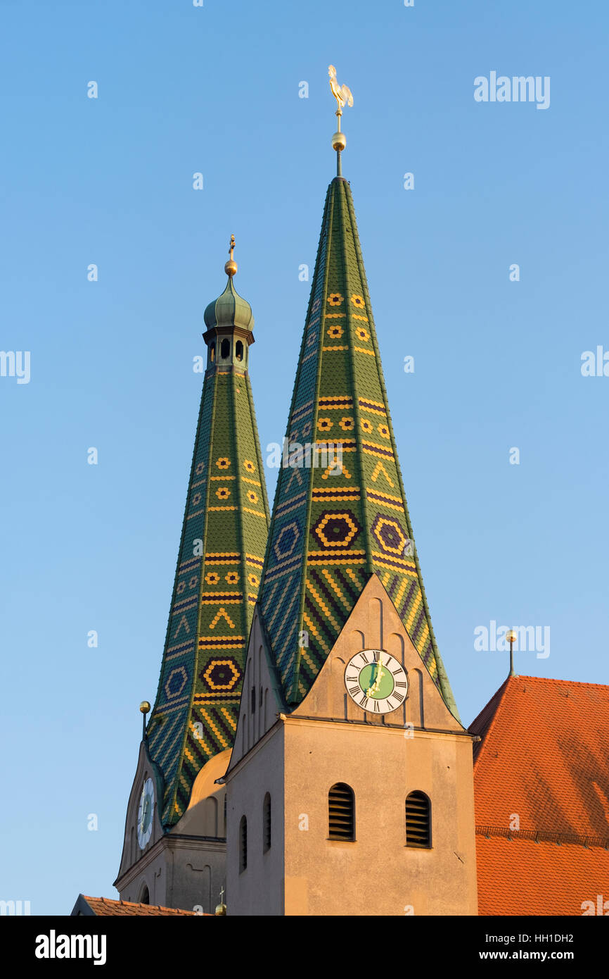Steeples with colorful glazed tiles, Parish Church of St. Walburga, Beilngries, Altmühltal, Upper Bavaria, Bavaria, Germany Stock Photo