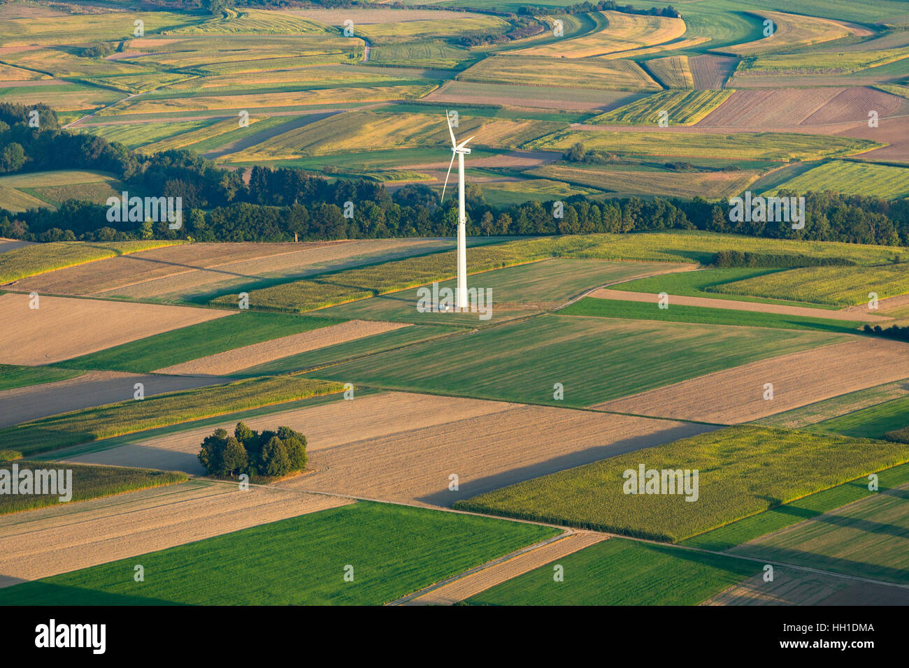 Wind turbine in agriculture landscape, fields, Scheer, Baden-Württemberg, Germany Stock Photo