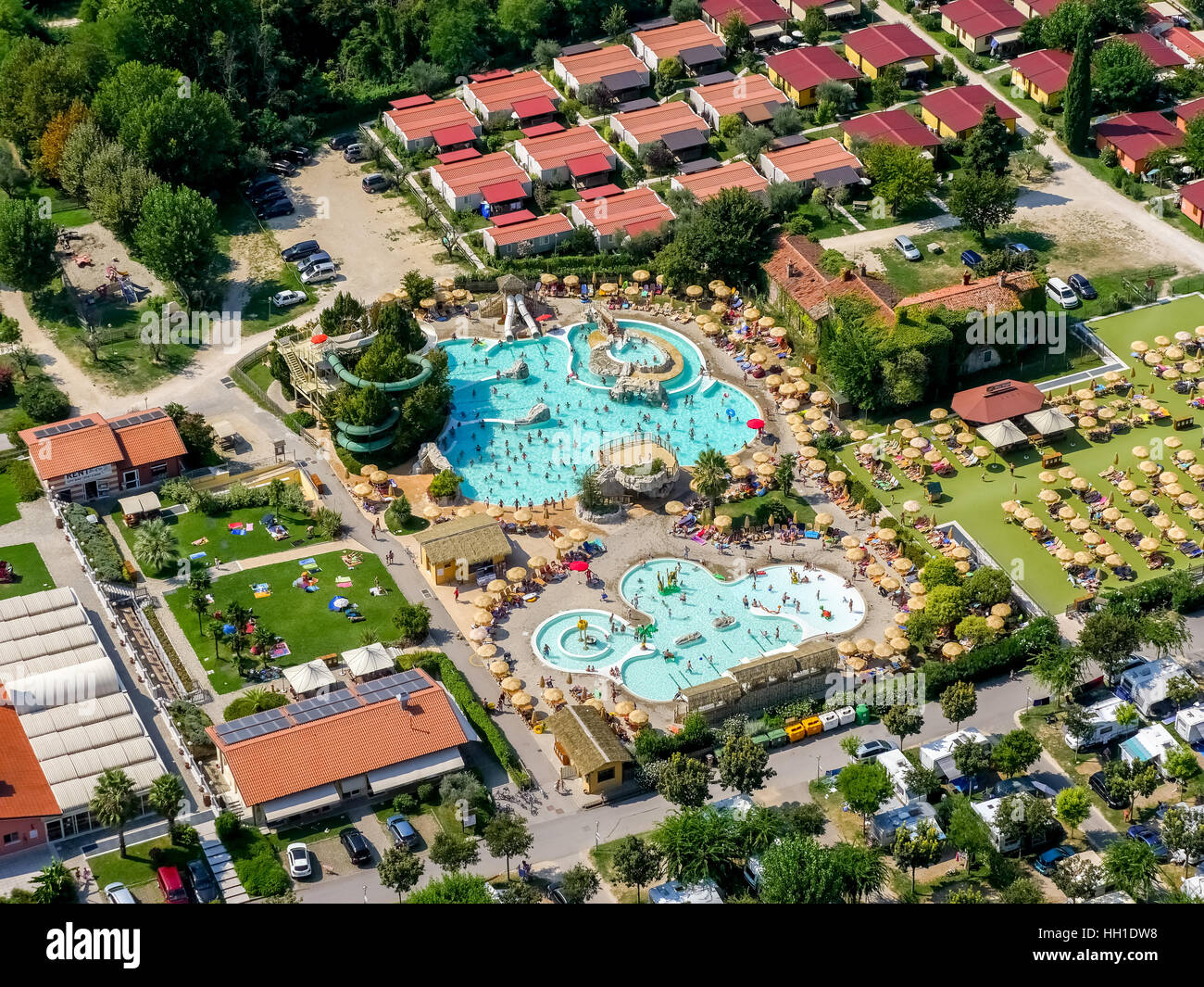 Aerial view of Piani di Clodia Camping, campsite with swimming pool, campers, Lake Garda, Lazise, Veneto, Italy Stock Photo