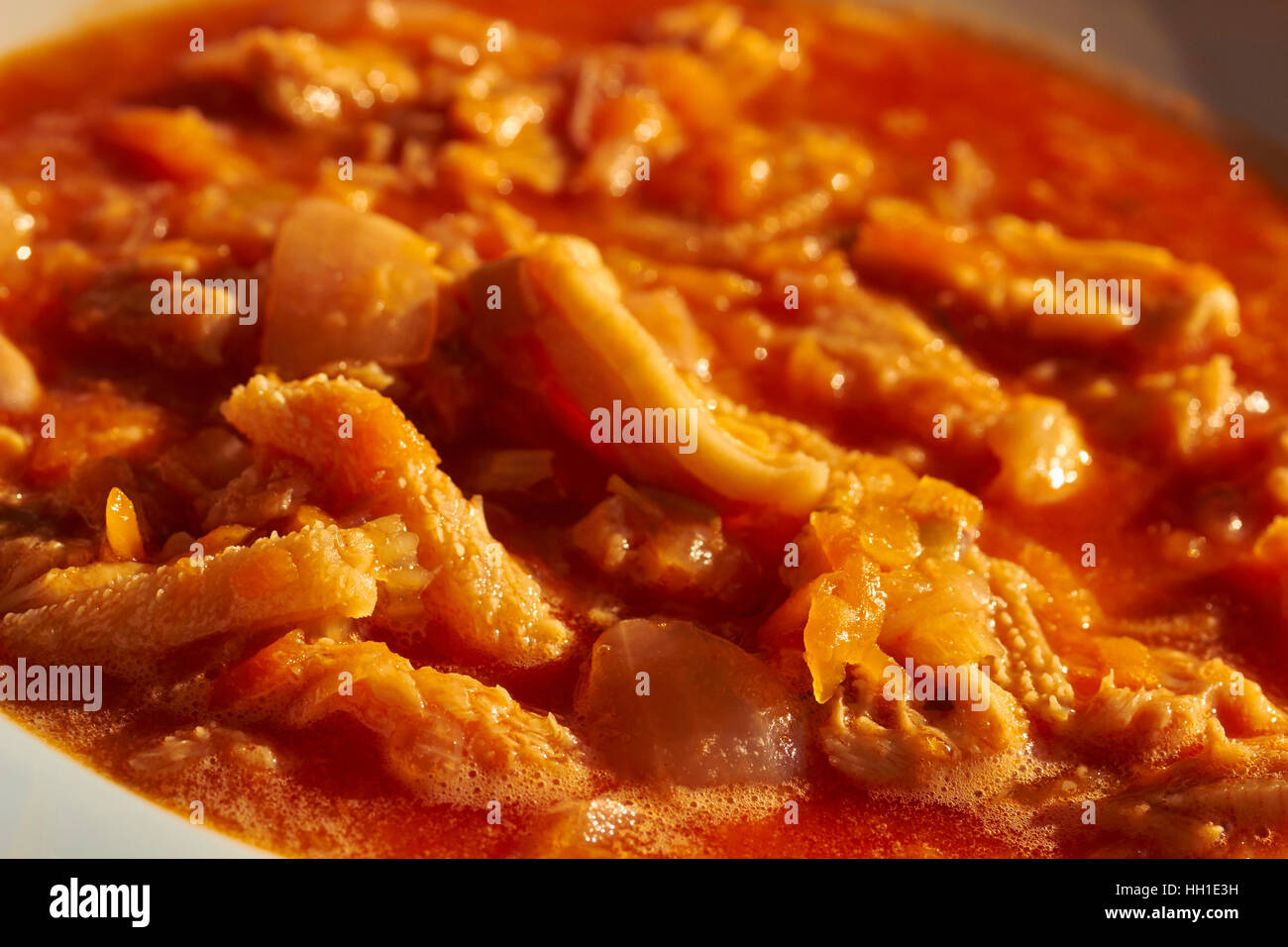 a bowl of beef tripe in tomato sauce; a classic Italian recipe Stock Photo