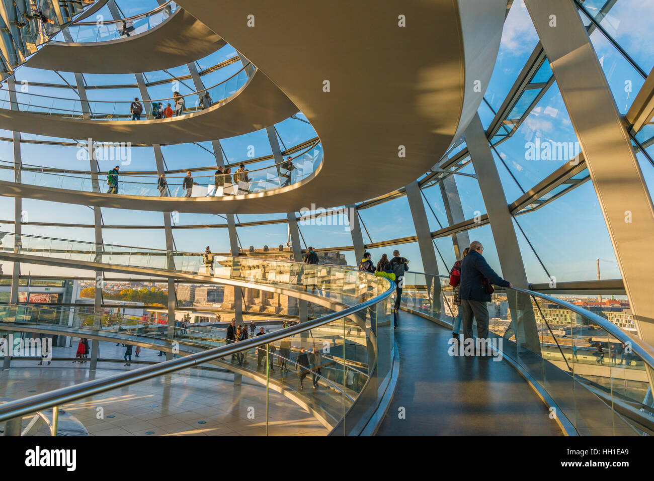 Interior of Reichstag dome with visitors, Reichstag building, Bundestag, Berlin, Germany Stock Photo