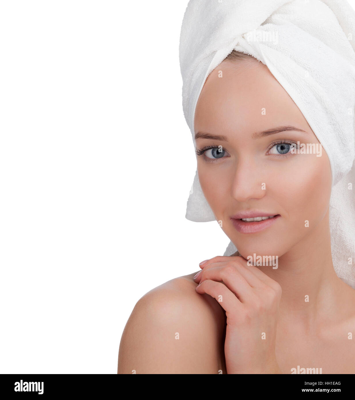Beautiful Girl porterait After Bath with towel on a head. Stock Photo
