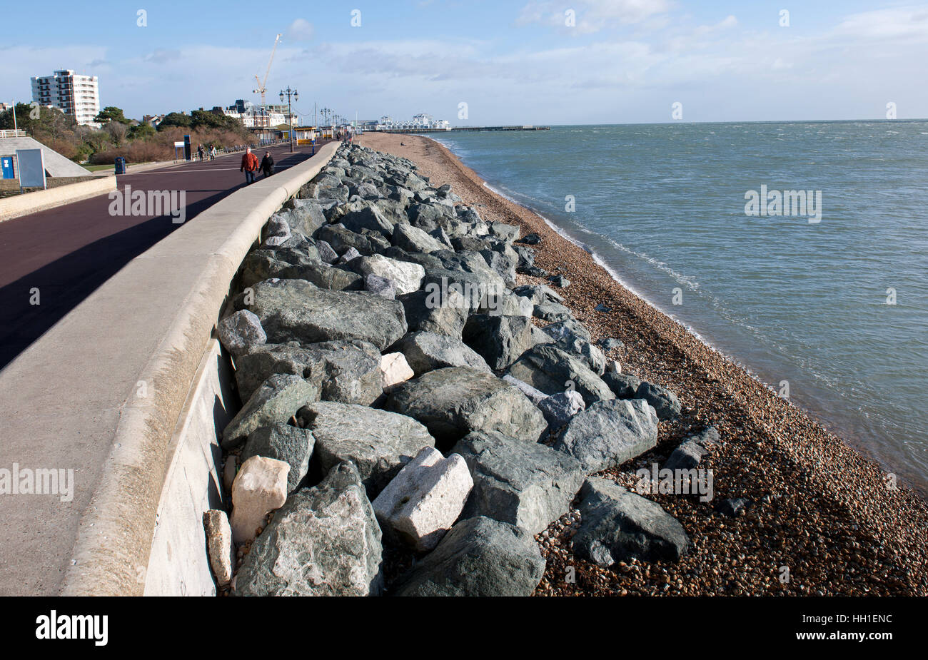 Large boulders used as sea defence, Southsea promenade, Portsmouth, Hampshire, England, UK Stock Photo