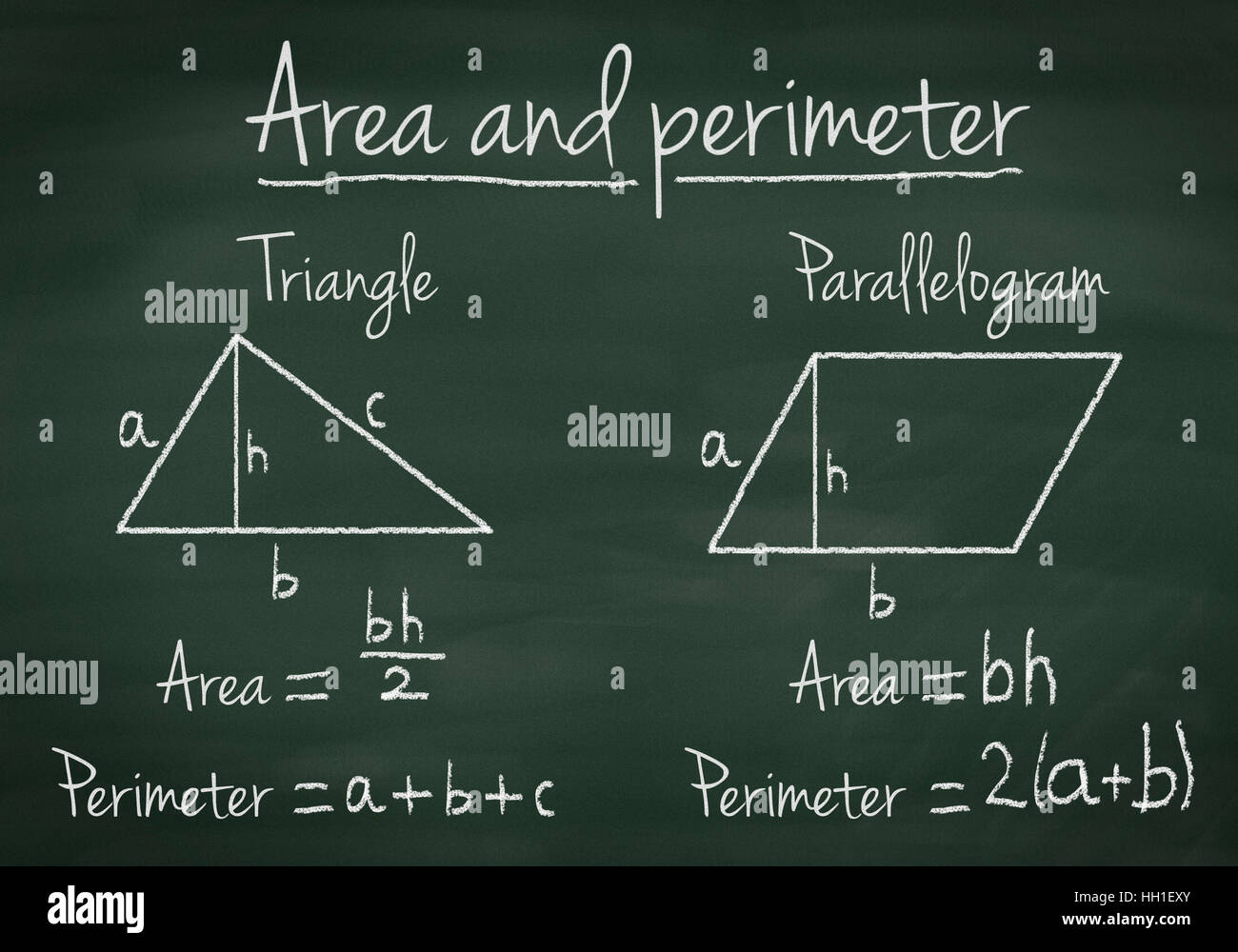 Area and perimeter of triangle and parallelogram explained on a chalkboard Stock Photo