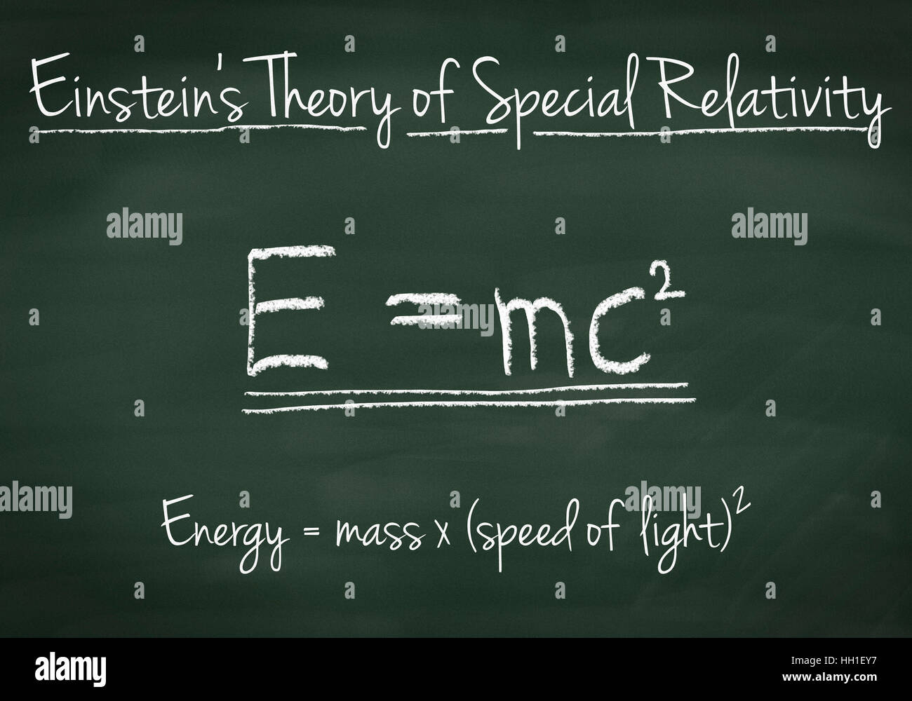 Einstein’s Theory of Special Relativity explained on a chalkboard Stock Photo