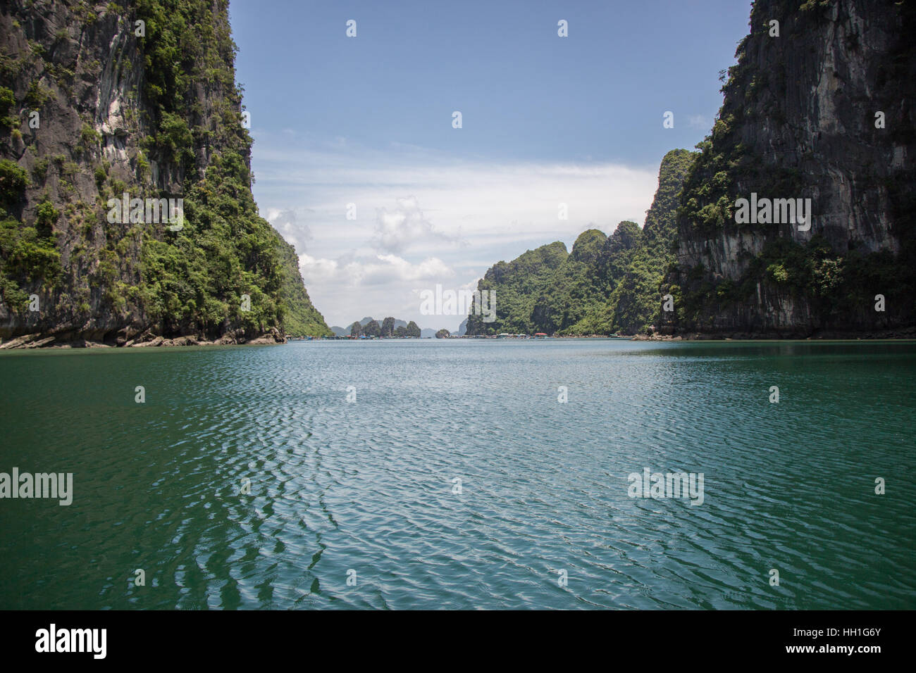 A view from the boat approaching Halong Bay Fishing Village in Vietnam. Stock Photo