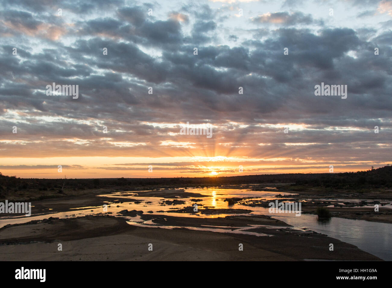 This sunset picture was taken in the Kruger National Park, overlooking the Olifants river. Stock Photo