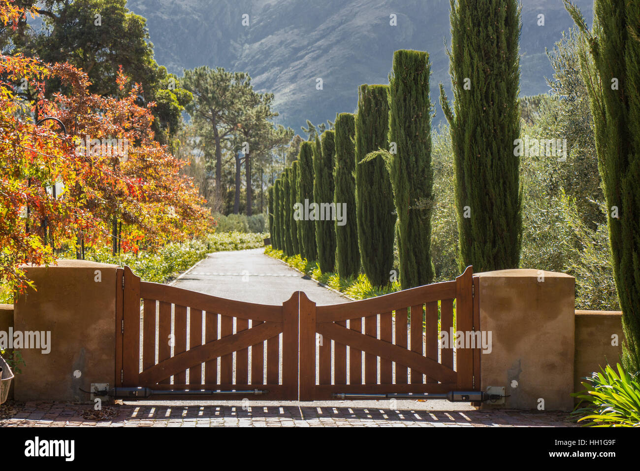 This picturesque scene was taken in Franschhoek Wine Valley, Cafe BonBon at La Petite Dauphine, South Africa. Stock Photo