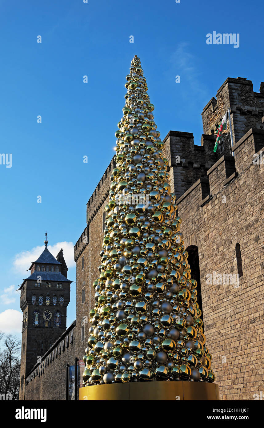 Gold golden baubles on civic Christmas Tree outside Cardiff Castle in